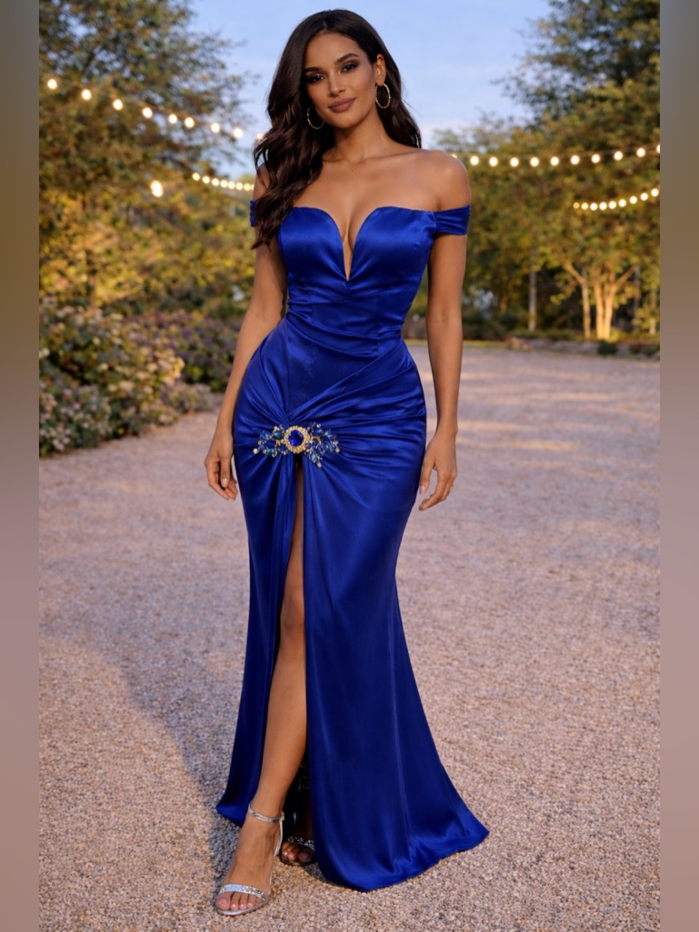 Faeriesty Off-Shoulder Sapphire Blue Satin Evening Dress with Brooch Detail M